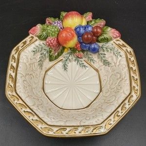 Vintage Fitz and Floyd Venezia Open Candy Dish Bowl Embossed Fruit Gold Guilding